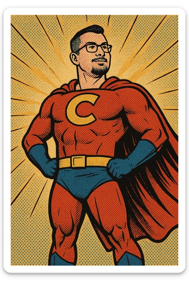 man with short hair, goatee, and glasses dressed as a superhero, standing tall, bold pose, vibrant costume, cape, confident expression, classic comic book style sticker