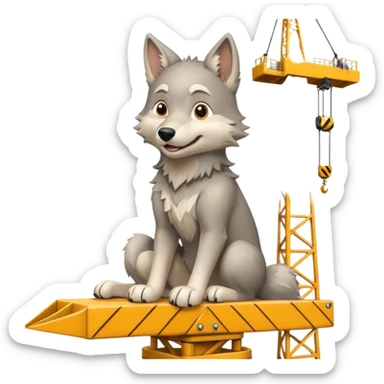  a joyful gray wolf sits on a tower crane and controls it with his paws sticker
