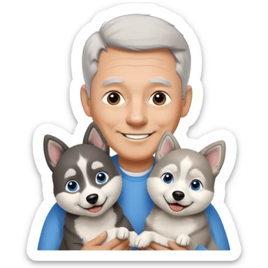 A 60 year old man with blue eyes and short light gray hair and no mustache and slightly big ears, holding a single black and white husky dog with floppy ears and white tuft eyebrows, both smiling sticker
