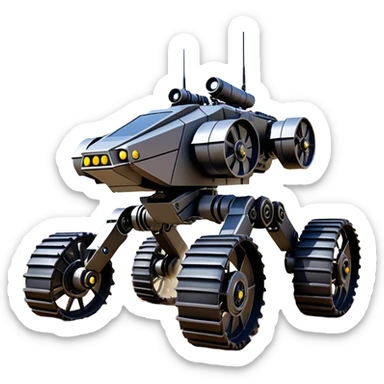 unstoppable jumping accurate 8-wheel armored canine sporty self-balancing massive mech trail vehicle shooting forward side-hill leaning actively robotically articulating hydraulic independent suspended pod gimbal enemy mech off-road racing rover with large fast engine RC basher crawler megatron  sticker