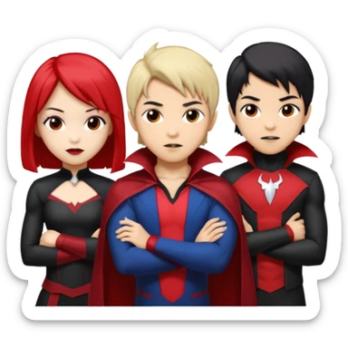 Solo poly platonic relationship, one is south African girl, one is Asian boy, one is biracial features Asian tomboy girl with anime short hair with long hair, vampire and marvel cosplay elements inspired. Could we can less human skin seems so it does not seem racist or something, use marvel colours  sticker