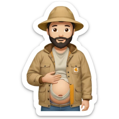 Bearded man rubbing pregnant belly poking out of shirt wearing a tan canvas carhartt jacket with a stereotypical large chinese hat on and buck teeth sticker