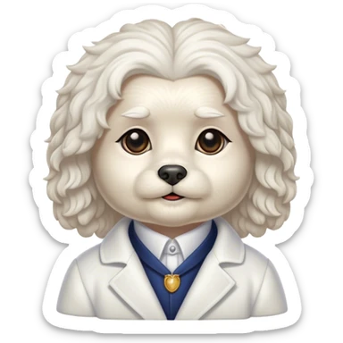 Cinematic Noble Wavy-Haired Maltese Portrait Emoji, Poised and regal, with a delicate, compact build and a pristine, wavy-haired white coat that cascades in gentle curls, deep-set soulful dark eyes, Simplified yet sharp and sophisticated features, highly detailed, glowing with a soft, dignified glow, high shine, intelligent and gentle, stylized with an air of refinement, focused and attentive, soft glowing outline, capturing the essence of a watchful and graceful companion, so majestic it feels as though it could prance out of the screen with effortless authority! sticker