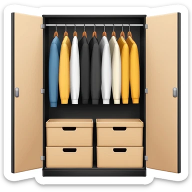 Minimalistic flat vector icon, iOS style, thin black contour on white background. Open wardrobe with neatly arranged boxes inside. Clean, no text, no shadows sticker