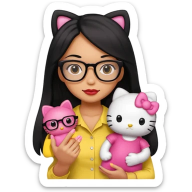 Nails cute with hello kitty wear glasses black long  hair, woman wear yellow shirt , red nails , big hello kitty doll sticker