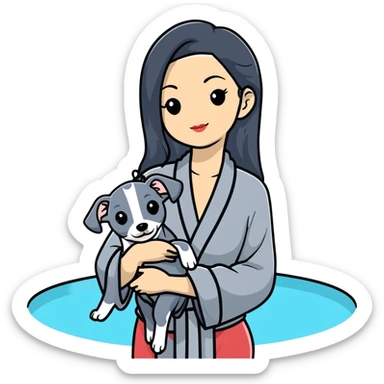 Very thin and slim Chinese woman with long black hair in elegant pool attire at a luxury spa pool with fancy amenities and her Italian greyhound that is COMPLETELY solid dark grey with ABSOLUTELY ZERO white markings anywhere - 100% uniform dark grey color only sticker
