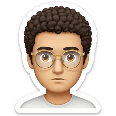 Square-faced man with thick eyebrows, short dark curly hair, slight scruff, serious expression, large square gold-rimmed glasses sticker