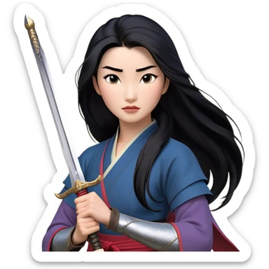 Cinematic Realistic Mulan Portrait, depicted with lifelike skin texture, soft natural lighting, and intricately detailed long black hair styled elegantly. Her deep, expressive eyes exude determination and grace, complemented by a serene yet confident expression. She stands with one hand resting on the hilt of her sword, the other by her side, exuding strength and poise. She is dressed in her classic attire, with rich fabric textures and delicate folds that catch the light beautifully. The portrait features a soft, enchanting glow with a natural, radiant finish, capturing the essence of timeless strength and beauty in a realistic and painterly style, evoking a sense of depth and authenticity. sticker
