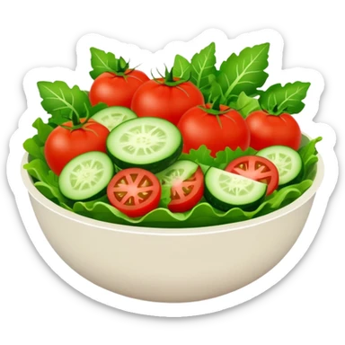 Salads avatar in clean emoji-style illustration. Fresh salad bowl with greens, tomatoes, cucumber, bright green tones, simple shapes, flat design, high contrast, light and healthy. sticker