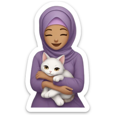 Hijab girl light brown skin purple hijab smiling hugging her cute grey and white cat  sticker