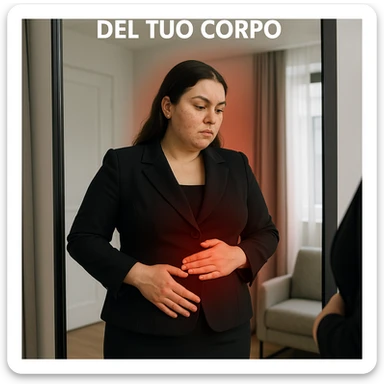 Donna con PCOS in abbigliamento elegante, si osserva allo specchio con una mano sulla pancia gonfia, riflesso evidenziato da un alone rosso, testo in italiano: 'Non ignorare i segnali del tuo corpo', ambiente moderno, qualità 4K sticker