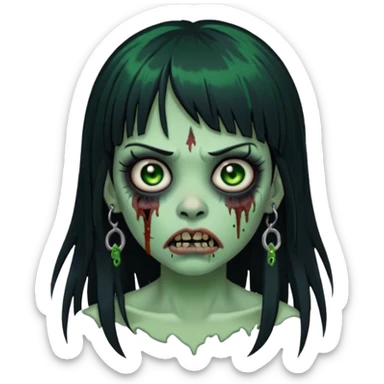 🧟‍♀️ faça igual esse emoji que coloquei só que com franja e piercing dos dois lado do nariz e no septo faça com cabelo longo preto e com a cara mais assustadora  sticker