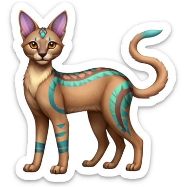 A Colorful iridescent exotic tropical tribal cute happy realistic esoteric patterned dark caracal-Lykoi-bobcat-sphynx-genet-serval-Fakémon-hybrid-fusion-animal-creature, full body, 4-legged sticker