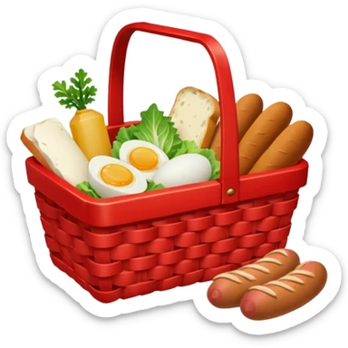red basket with groceries: milk, bread, sausage, eggs, potatoes, carrots, onions, cabbage sticker