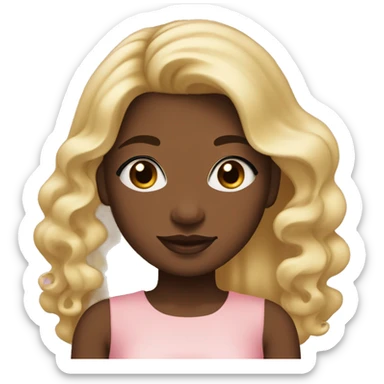 The face of a girl with dark skin and blonde long hair, the ends of her hair curl into curls,a small nose,plump lips,long eyelashes, brown eyes, she is wearing a delicate pink silk dress sticker
