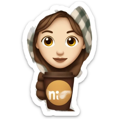 white girl short brown hair wrapped in cozy plaid blanket with coffee sticker