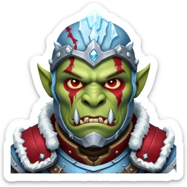 
Fantasy Christmas orc legion soldier icon, iron tundra army theme, heavy winter armor, disciplined brutal look, icy blue steel armor with deep crimson accents, frozen metal texture, cold winter atmosphere, male variant sticker