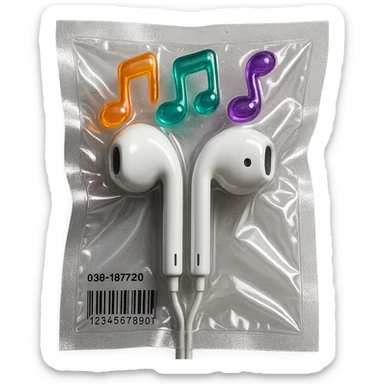 pair of white EarPods with three colorful transparent music notes in orange, teal, and violet arranged above, shiny and puffy sticker
