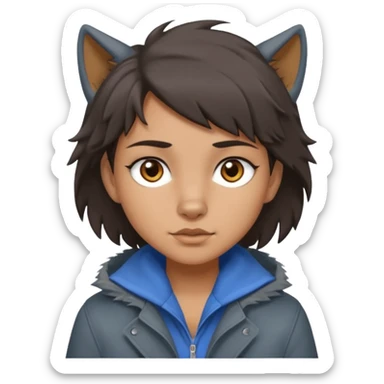Hobo tomboy with dark brown hair in a wolf cut style, brown eyes, dirty dark grey coat, blue-grey shirt. sticker