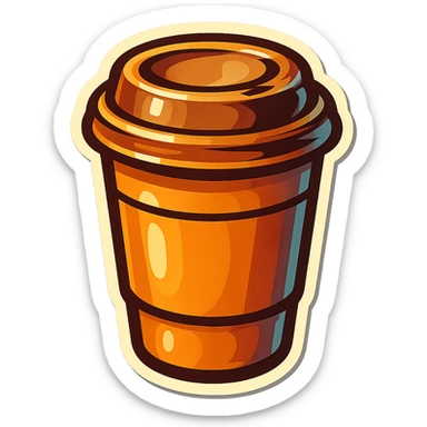 retro sticker-style illustration of a to-go coffee cup with a lid, bold outlines, juicy colors, expressive shadows and highlights, playful and glossy look, inviting and fun sticker