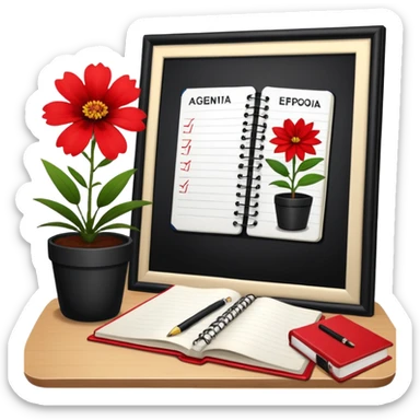 Cartel en español que diga F U E R A    D E    O F I C I N A y detrás un escritorio moderno, con una notebook, una agenda y una planta con una flor sticker