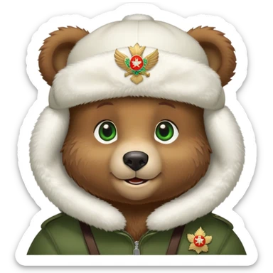 Adorable brown bear cub with innocent green eyes and gentle smile, pure white fluffy ushanka hat with prominent Russian Federation emblem, iOS emoji style sticker