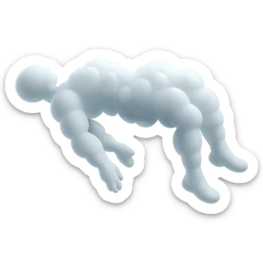 side view of unconscious person flying torso up, legs and arms down, made of small very bright white fluffy convex clouds, matte glass style sticker