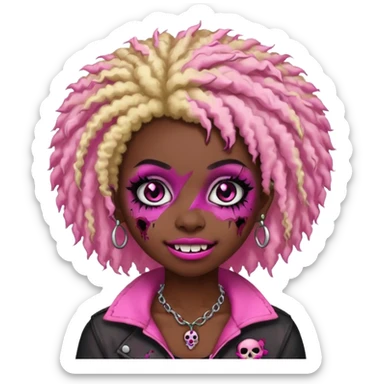 girl, zombie,pink and blonde afro, medium long, emo, shaggy, dark, spooky,double eyebrow dermal piercing, cute illuminous smile sticker