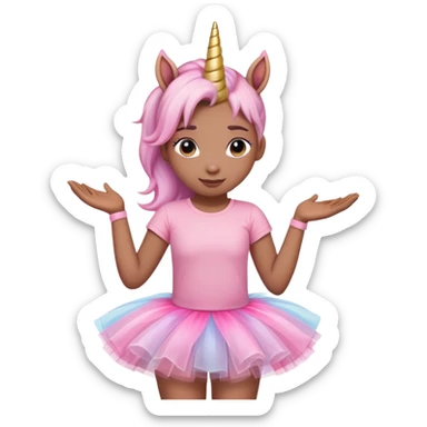 head and shoulders portrait of an anthropomorphised female unicorn in tutu and pink t-shirt, relaxed pose sticker