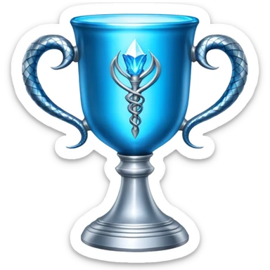 exact movie-accurate Triwizard Cup from Harry Potter, wide chalice with angular facets, two distinct silver snake handles curving upward, bright blue glow inside sticker