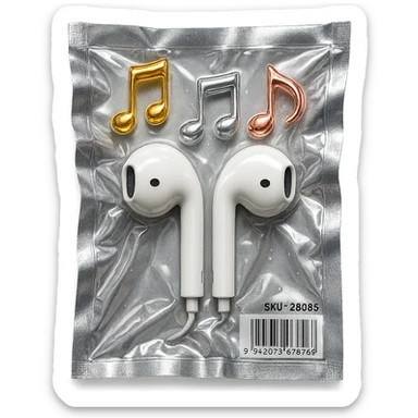 pair of white EarPods with three floating glass music notes in gold, silver, and rose gold, shiny and puffy sticker