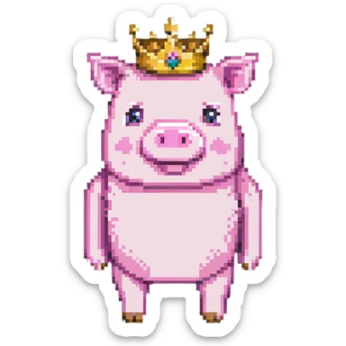 minecraft pig full body pink blocky animal with square head wearing a crown sticker
