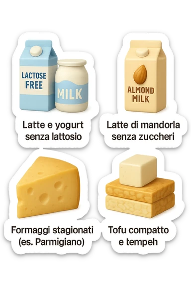 emoji stile iphone 3d di questi elementi che fluttuano in aria:

Latte e yogurt delattosati
Latte di mandorla (non zuccherato)
Latte di soia da proteine isolate
Formaggi stagionati (es. parmigiano)
Tofu compatto e tempeh
 che fluttuano in aria,  le etichette scrivile in italiano, iperealistico 4k sticker