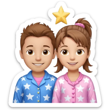 4 year old brown spikey haired boy with blue pajamas with stars on them and a 1 year old brown haired pony tail girl with pink pajamas, and stars on them with light skin. Top left on, can you make them smile more with lighter skin sticker