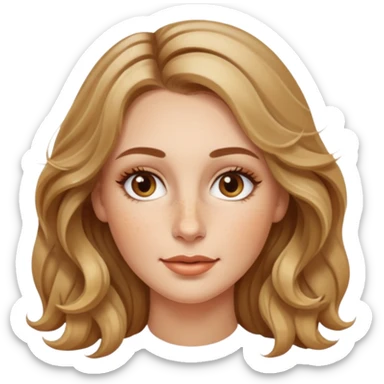creative women with long dark Blond with highlights wavy hair white women, oval shape face hazel eyes long lashes little bit of freckles on the nose high cheek bones sticker