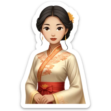 Cinematic Realistic Áo Dài Portrait Emoji, depicted as an elegant traditional Vietnamese dress with flowing graceful lines and delicate patterns, rendered with rich textures and soft ethereal lighting that captures its timeless beauty. sticker