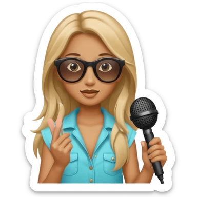 long haired woman with summer clothes and sun glasses holding microphone sticker