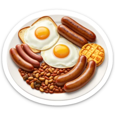 English Breakfast Cinematic Realistic English Breakfast Dish Emoji, depicted as a hearty plate featuring 2 sizzling sausages, a central serving of baked beans, 2 perfectly fried eggs, 2 sliced grilled tomatoes, 2 grilled mushrooms, and a triangle-shaped hash brown, rendered with vivid textures and warm, inviting lighting. sticker