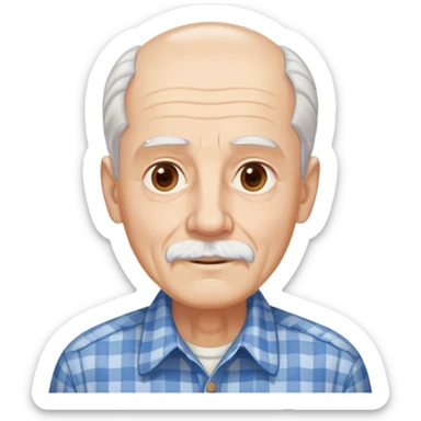 Elderly man with light skin. Elongated face with kind expression. Light brown eyes. Thin eyebrows. White goatee and white mustache. Gray-white hair combed back. Wearing a blue and beige checkered button-up shirt. sticker