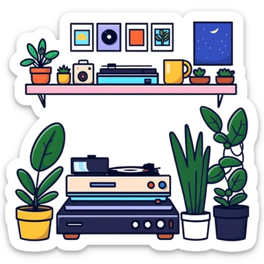 small bedroom with indie aesthetic, record player, art prints, potted plants, fairy lights, colorful pillows, vintage items sticker