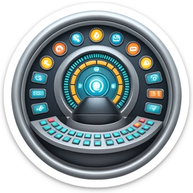 Circular control room with radial displays and consoles sticker