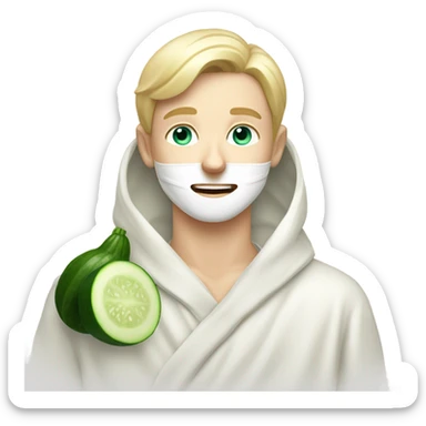 White boy with Blond hair and blue eyes wears a Green colored clay mask( skincare) and puts on cucumbers around her eyes while She relaxes in her white Robe sticker
