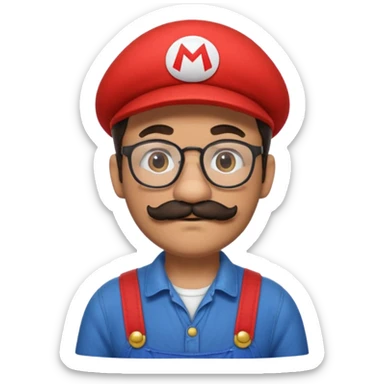 person with glasses, short dark hair, mustache and beard, dressed as Mario from Super Mario sticker