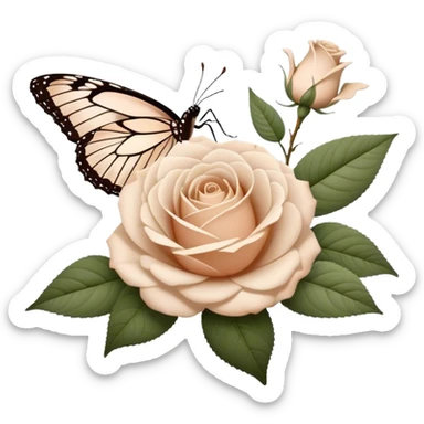 white Ascott tea rose next to a beige aesthetic vintage style leaf and a brown beautiful butterfly sticker