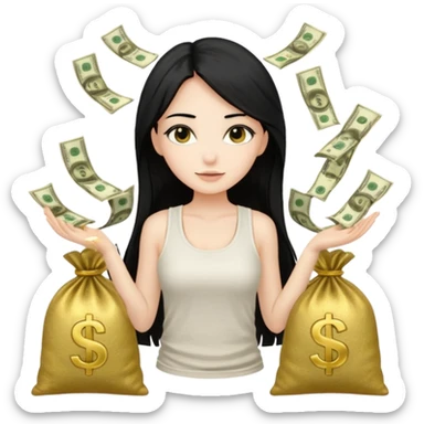 a pretty bratz fair girl with long straight black hair  with a white tank top surrounded by money bags sticker