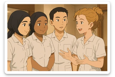 Groupe de quatre étudiants infirmiers, style Ghibli, en interaction dans un environnement intérieur. Uniformes médicaux blancs, manches courtes, col en V, poche poitrine à gauche, pas de stéthoscopes ni pied de col, avant-bras nus, cheveux longs attachés. Inspirés des quatre personnes sur les photos jointes. sticker