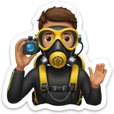 male dive photographer underwater wearing scuba gear taking photos of coral reefs sticker