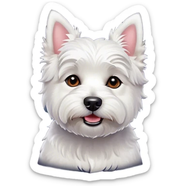 Cinematic Cute West Highland White Terrier Portrait Emoji, Head tilted playfully and inquisitively, featuring a fluffy, immaculate white coat with perky ears, round, sparkling dark eyes filled with curiosity, Simplified yet irresistibly adorable features, highly detailed, glowing with a warm, friendly glow, high shine, affectionate and lively, stylized with a touch of whimsy, bright and endearing, soft glowing outline, capturing the essence of a mischievous yet loving pup, so playful it feels like it could bound out of the screen and into your arms! sticker