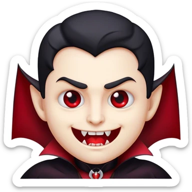 Cinematic Cute Vampire Portrait Emoji, with a refined yet playful small, rounded pale face accented by tiny, cute fangs and bright, twinkling eyes, sporting miniature elegant dark attire with a hint of crimson, simplified yet irresistibly charming, highly detailed with a soft glowing outline that captures the delightful duality of spooky sweetness and stylish allure! sticker