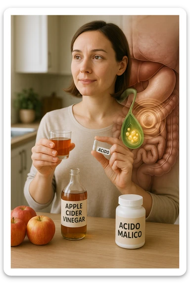 A detailed, realistic illustration or photo-style image showing a person holding a small glass of apple cider vinegar in one hand and a capsule labeled ‘Acido Malico’ in the other. In the foreground or as an overlay, a semi-transparent anatomical view of the abdomen highlights the gallbladder with visible small gallstones inside. Around the gallstones, gentle glowing waves or soft dissolving effects symbolize the softening or breakdown of the stones due to the natural acids. The person looks hopeful and calm, in a bright kitchen setting with fresh apples and natural health products on the counter. The overall mood is informative, natural, and hopeful about non-invasive, natural support for gallstone health sticker